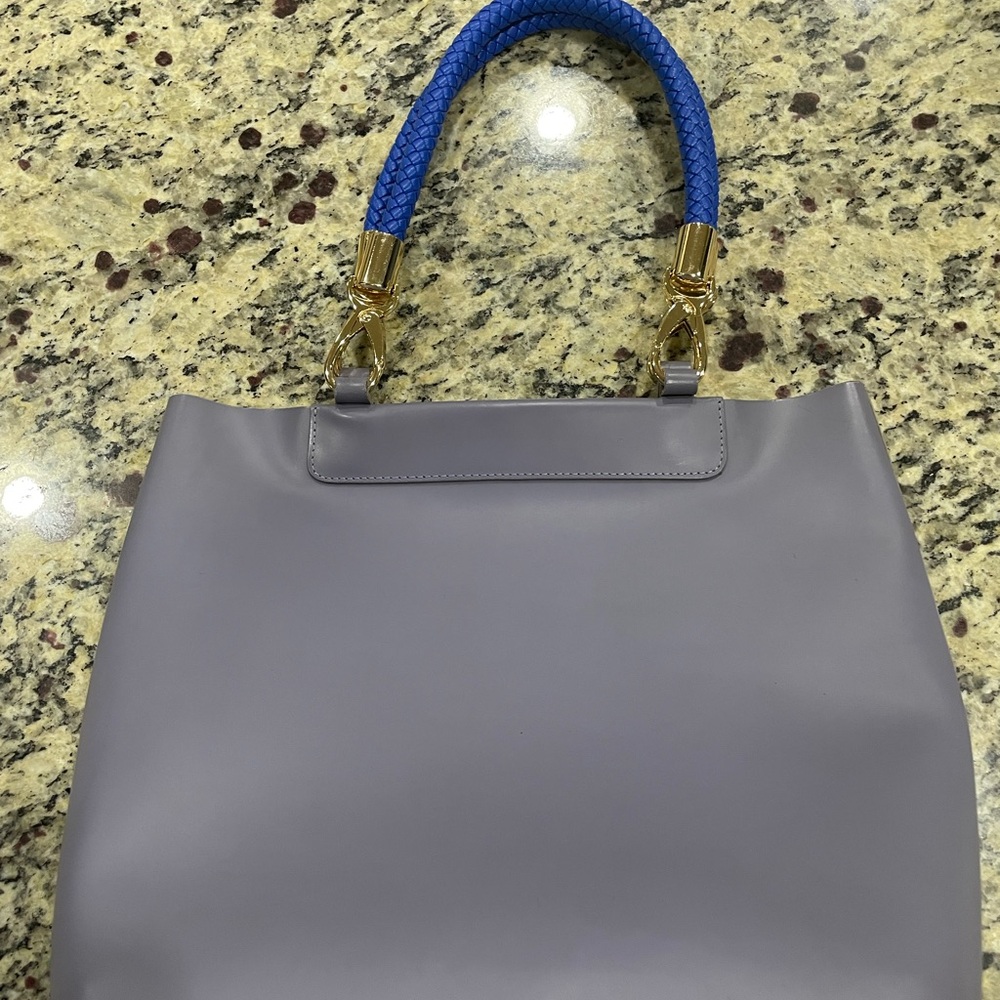 Lamarthe Gray Leather Tote With Blue Leather Rope Handle